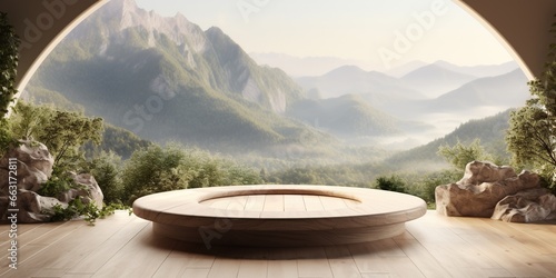 Wooden round podium on sustainable spa relax interior background with large window with beautiful landscape.