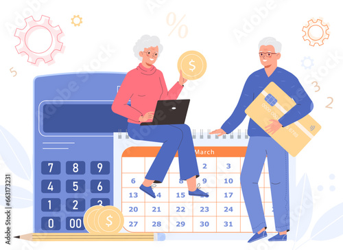 Financial literacy and savings of elderly people. An elderly couple retirement budget planning. An elderly man with bank card and mature woman with coin in her hand.