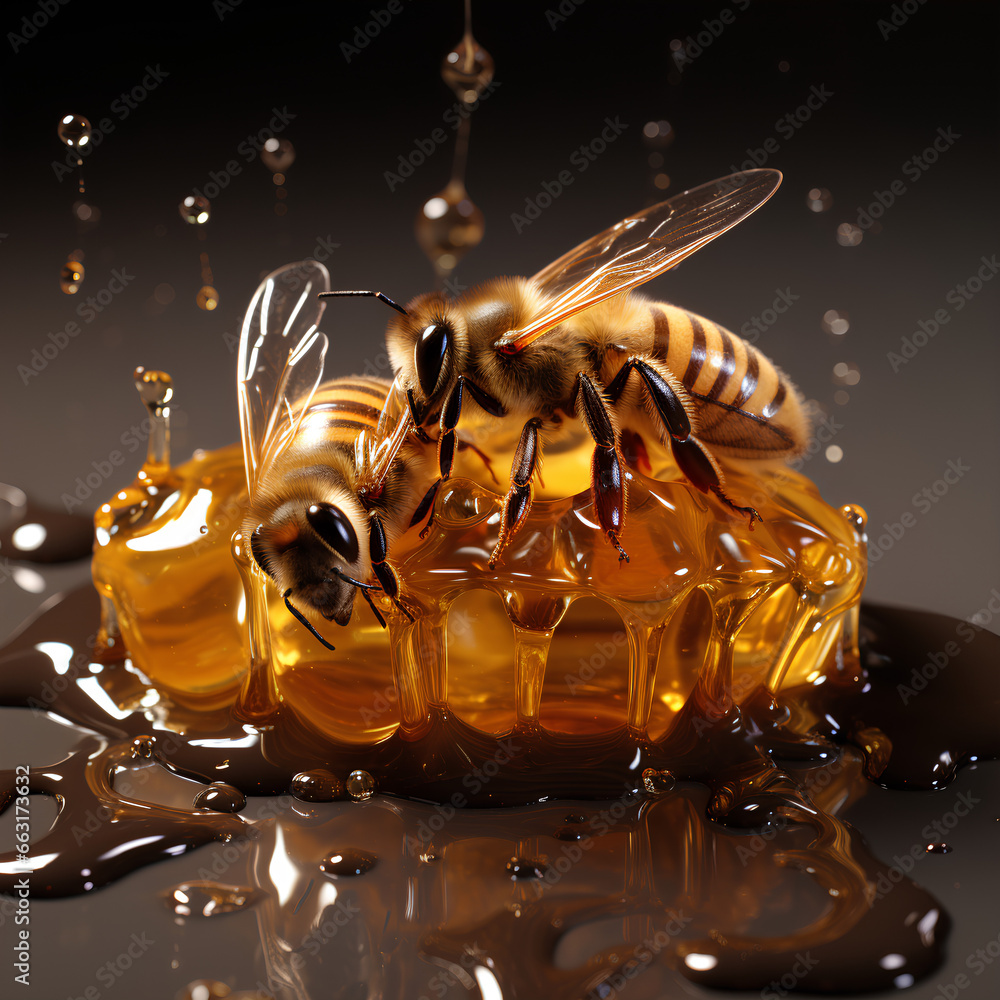 Honey, bee, honeycomb, drops in 3d style