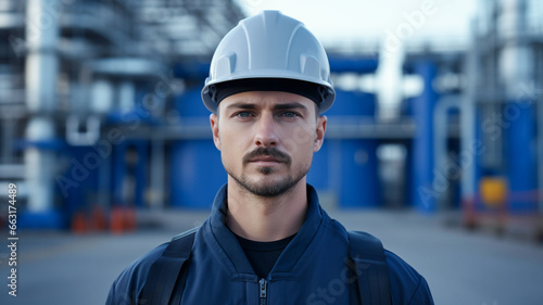 Confident engineer in helmet on a background of Hydrogen factory.