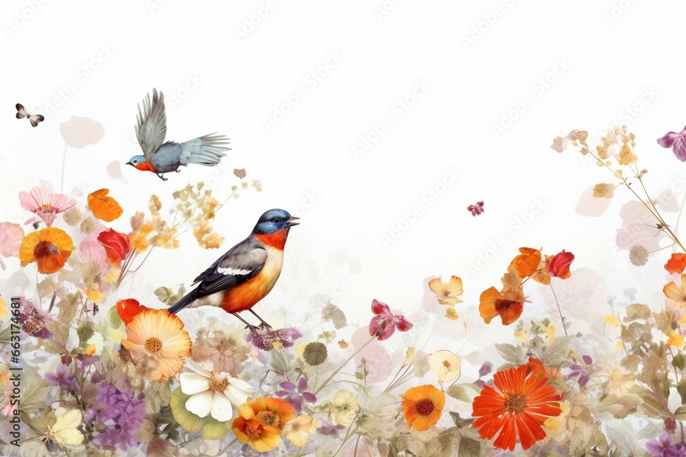 Flowers, bird, butterflies on white background. Generative AI