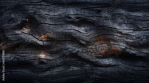 Burned Wood closeup dark photo background - Burnt wooden board, black charcoal wood texture, burned coal barbecue background with copy space, top view - Ai