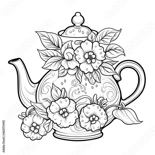 Banner, coloring page Tea Time, tea pot, cup in flowers frame. Anti stress stock illustration