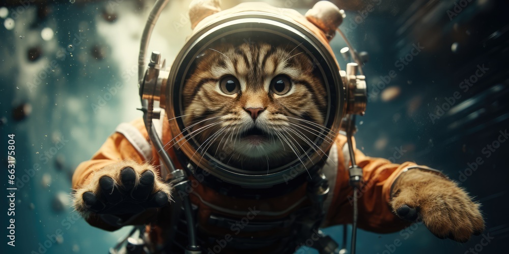 Fototapeta premium a cute cat in an astronaut suit is flying in the moon, AI Generative
