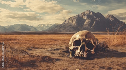 Old broken and decomposed human skull embedded into the ground, lying isolated under the summer sun with vast open semi desert landscape and high mountain range in background.
