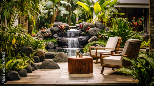 Tropischer Garten mit moderner Innenausstattung. Generiert mit KI