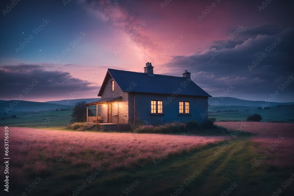 a scene of a house in the wild at dusk a scene of a house in the wild at dusk