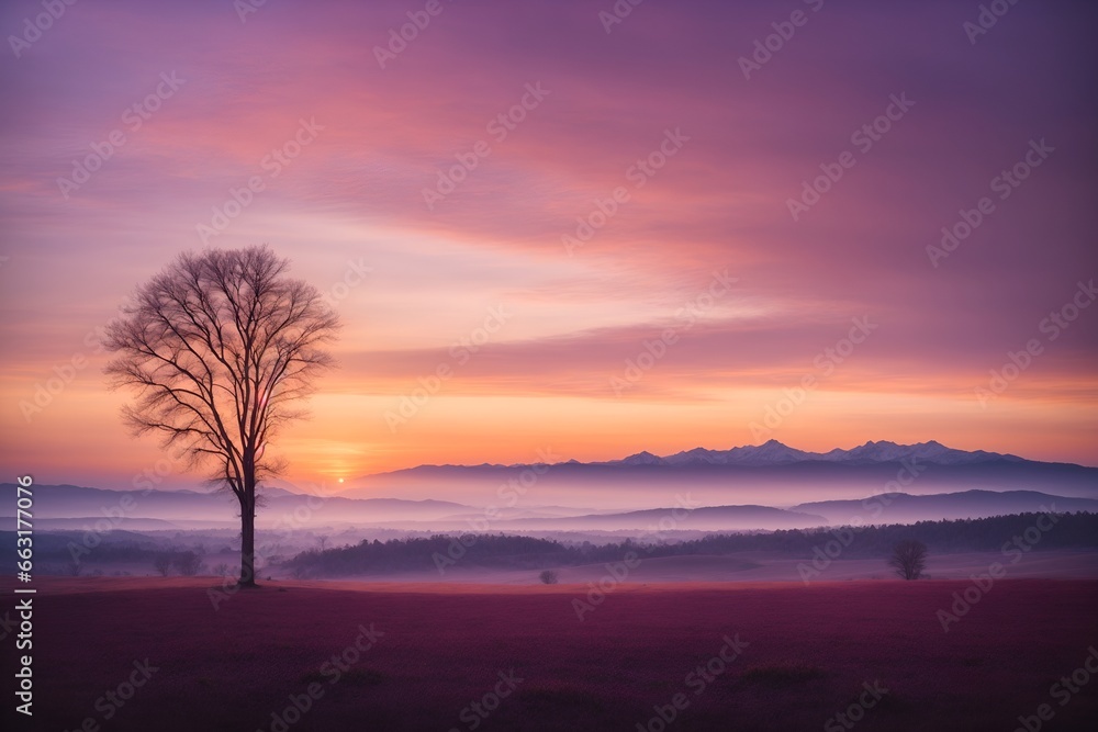 Twilight mountain scene with fog