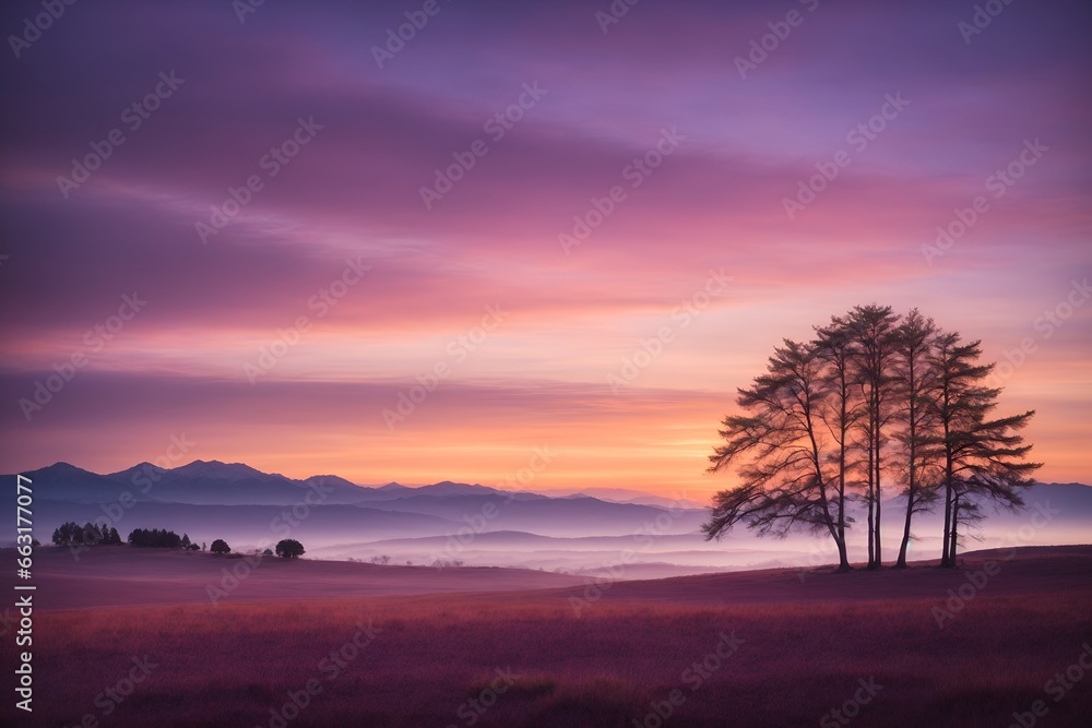 Twilight mountain scene with fog