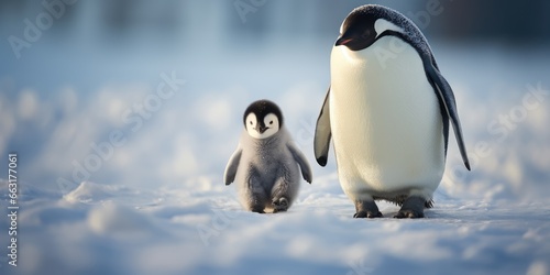 Baby penguin and his mother walking in the snow  AI Generative