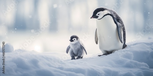 Baby penguin and his mother walking in the snow  AI Generative