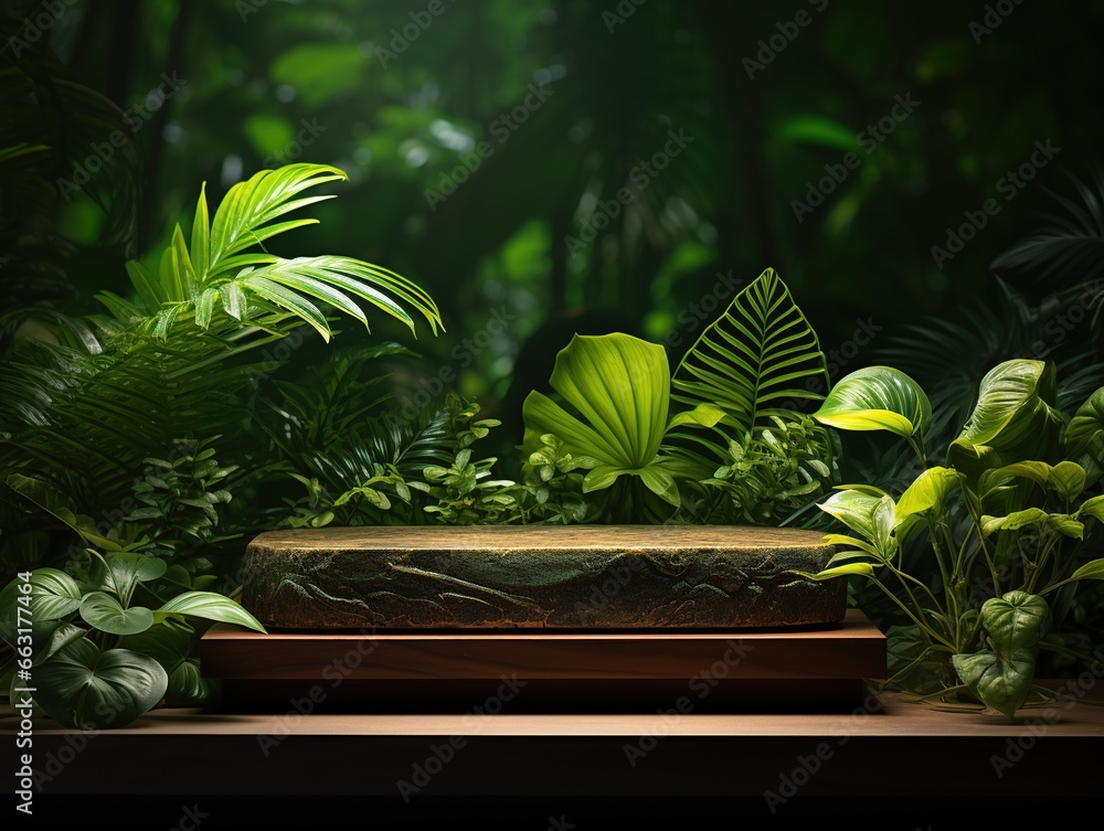 Obraz premium Wooden podium in tropical forest for product display, Generative AI