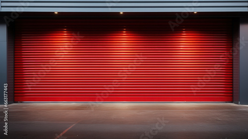 A closeup shot of automatic metal roller door used in factory, storage, garage, and industrial warehouse. The corrugated and foldable metal sheet offer space saving and provide urban and rustic feel photo