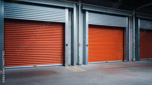 A closeup shot of automatic metal roller door used in factory, storage, garage, and industrial warehouse. The corrugated and foldable metal sheet offer space saving and provide urban and rustic feel