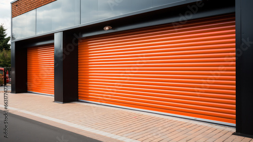 A closeup shot of automatic metal roller door used in factory, storage, garage, and industrial warehouse. The corrugated and foldable metal sheet offer space saving and provide urban and rustic feel photo