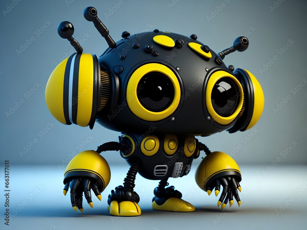 Cute and funny black, yellow robotic monster 3D cartoon character on solid grey background. Generative Ai. Cute and funny black, yellow robotic monster 3D cartoon character on solid grey background. Generative Ai.