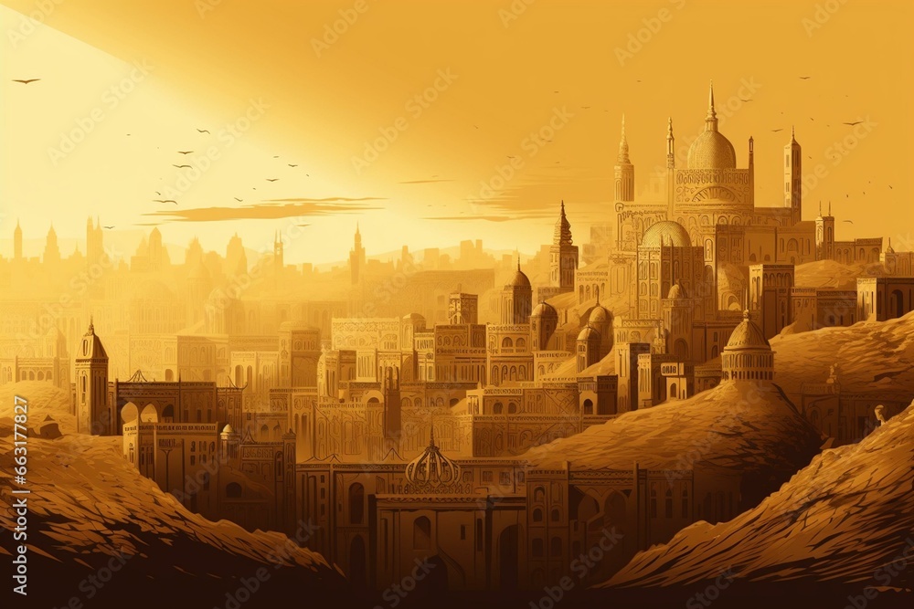 Illustration depicting a majestic city with golden buildings and a skyline reminiscent of ancient Babylon. Generative AI
