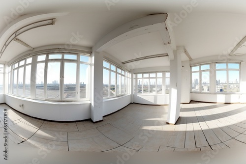 Unmaintained white loft room with panoramic windows and no repairs. Full 360° seamless spherical HDRI panorama in interior. Generative AI photo