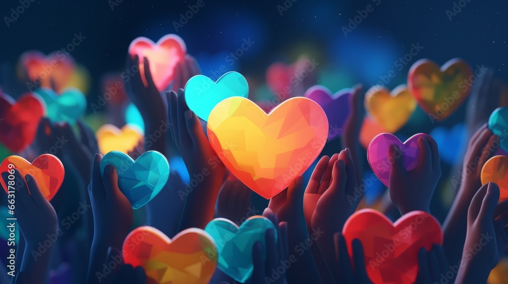 Photo of people expressing love and unity by holding up hearts in the air - obrazy, fototapety, plakaty 