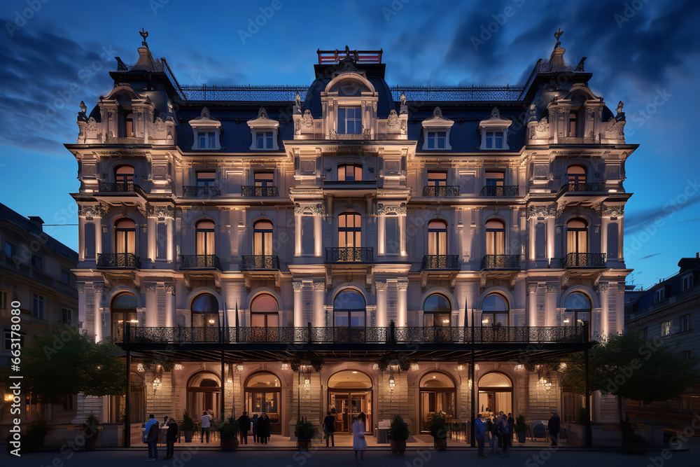 As twilight sets, the majestic facade of a historic hotel comes to life, its vintage signboard glowing warmly, 
welcoming guests who are captured in the midst of their arrival.