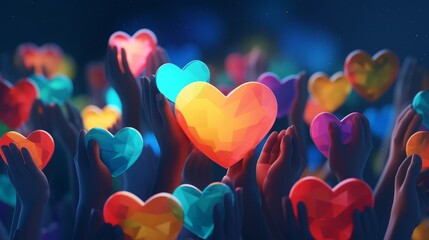 Photo of people expressing love and unity by holding up hearts in the air