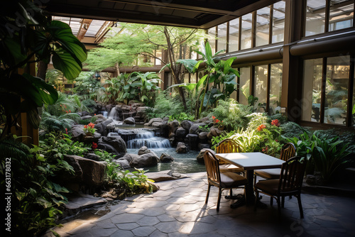 Explore a verdant retreat within a hotel's indoor garden atrium, where lush plants thrive, a koi pond glistens