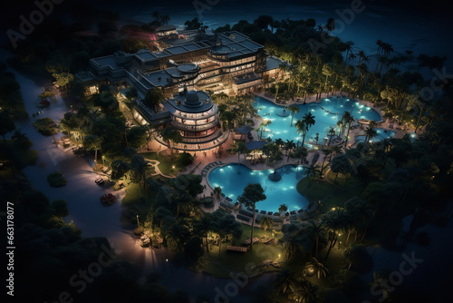 Hover above an expansive hotel resort at night, where pathways illuminate the grounds, swimming pools shimmer under moonlight,  and the nearby sea whispers promises of relaxation. © Davivd