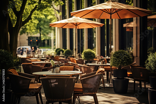 Experience cosmopolitan charm at a chic hotel café, featuring an outdoor patio under stylish parasols, with the lively pulse of city streets in the backdrop