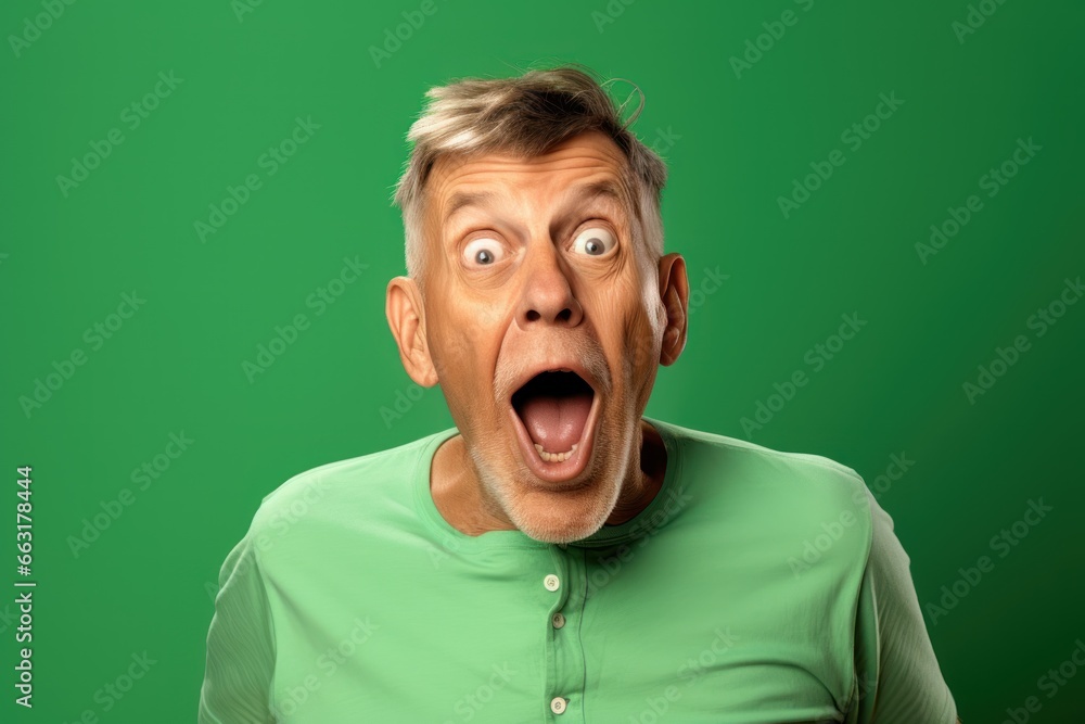 Portrait of retired handsome man amazed at beginning of new Black Friday season against green studio background. Concept of beauty, facial expression, shopping, fashion, style, big sales season. Portrait of retired handsome man amazed at beginning of new Black Friday season against green studio background. Concept of beauty, facial expression, shopping, fashion, style, big sales season.