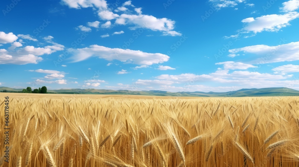 Photo of a picturesque field of golden wheat beneath a serene blue sky with fluffy white clouds