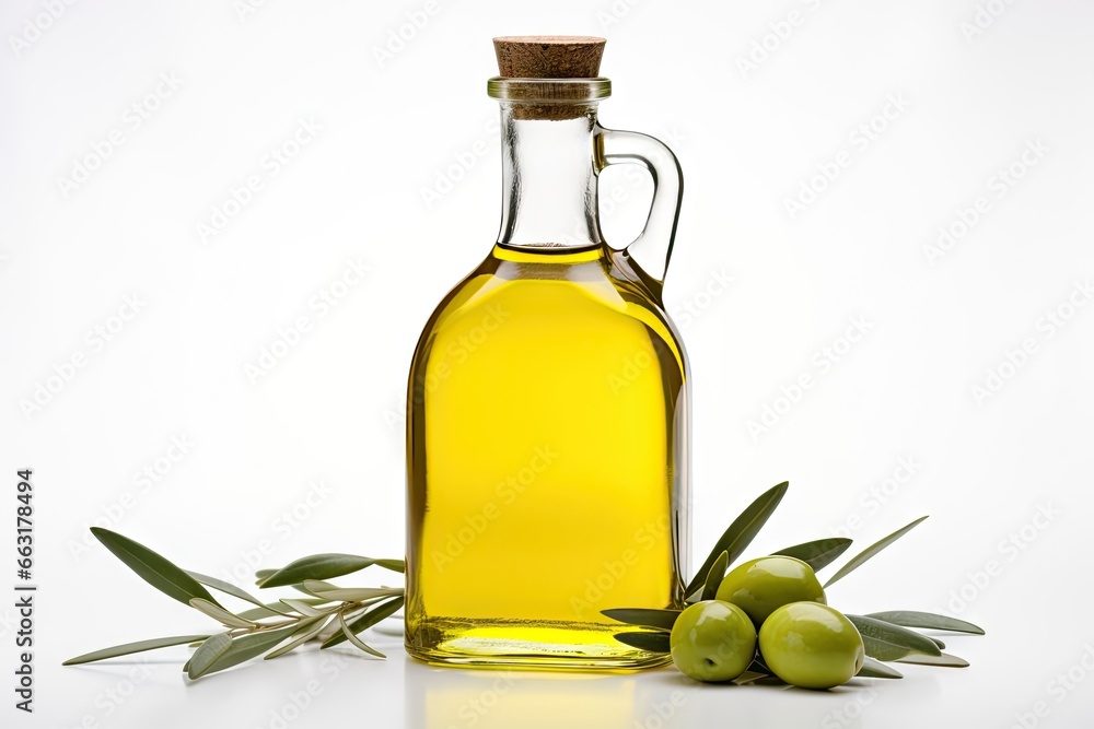 Healthy eating unleashed. Organic olive oil fresh on white background isolated. Liquid gold in glass bottle with harvest. Salad perfection Healthy eating unleashed. Organic olive oil fresh on white background isolated. Liquid gold in glass bottle with harvest. Salad perfection