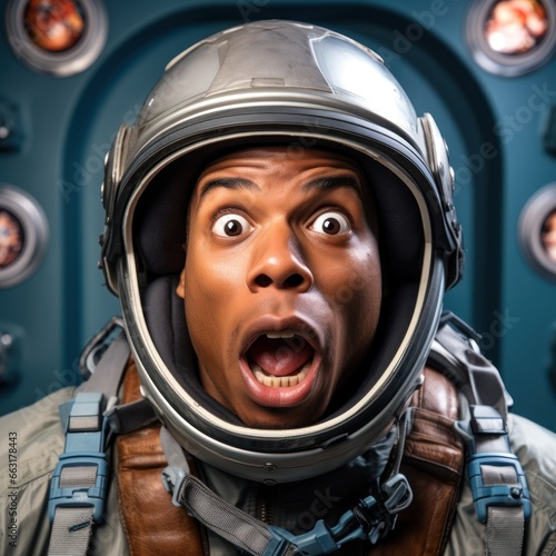 New experience. Close up portrait of surprised Africa-American man in astronaut helmet on board spaceship looking at camera. Concept of youth culture, beauty, fashion, emotions, big sales season. Ad © Lustre Art Group 