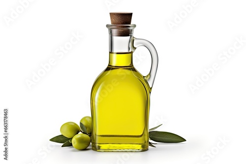 Healthy eating unleashed. Organic olive oil fresh on white background isolated. Liquid gold in glass bottle with harvest. Salad perfection