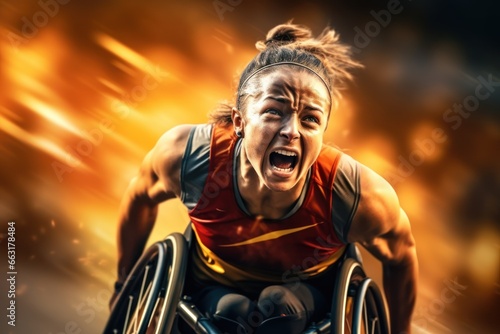 Paralympian, young strong sporty woman with disabilities shouting during competition in action against motion blur background. Concept of inclusive sport for people with special needs, human emotions.