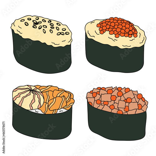 Hand drawn gunkan maki sushi clipart set. Japanese traditional cuisine dishes. Asian food