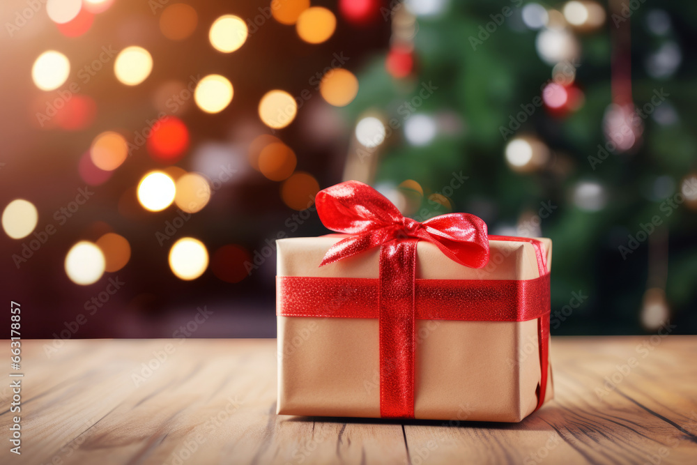christmas gift on a table and lights in the background christmas gift on a table and lights in the background