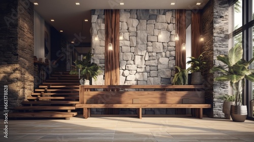 Photo of a rustic wooden bench against a textured stone wall