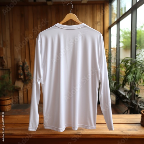 A view from back Luxurious plain white oversize t-shirt mockup with a hanger hanging on a wooden background, AI Generative