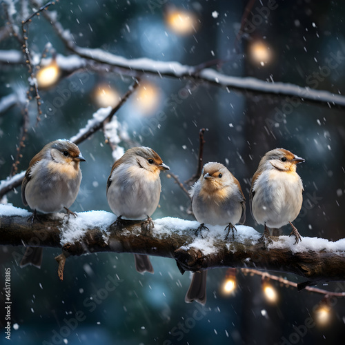 Birds sitting on a branch covered with snow in winter forest with snowfall and golden lights in the backgroud.