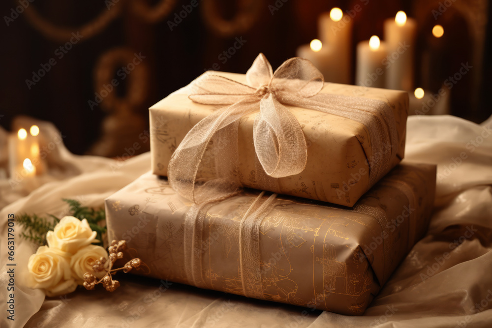 santa presents wrapped in wrapping paper and candles in the background santa presents wrapped in wrapping paper and candles in the background