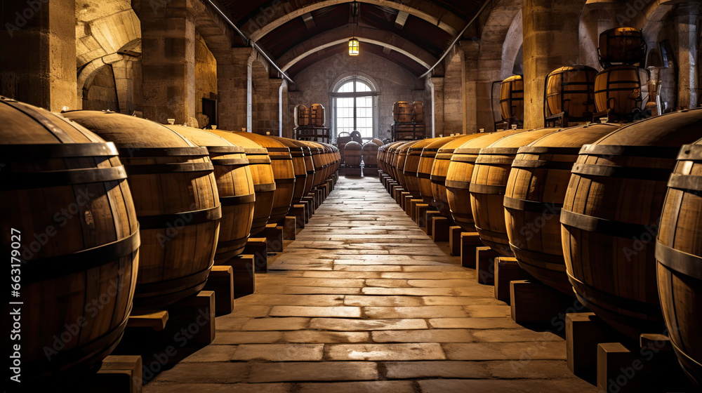 Wine barrels in wine vaults, Wine or whiskey barrels, French wooden barrels.