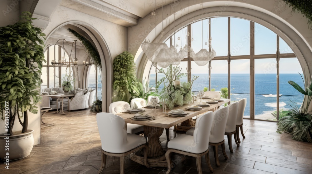 Photo of a stunning ocean view from a dining room with a large window