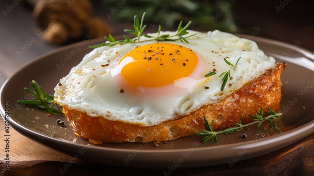 Ein frisch gebratenes Spiegelei auf einer Scheibe Brot, garniert mit frischen grünen Kräutern Ein frisch gebratenes Spiegelei auf einer Scheibe Brot, garniert mit frischen grünen Kräutern