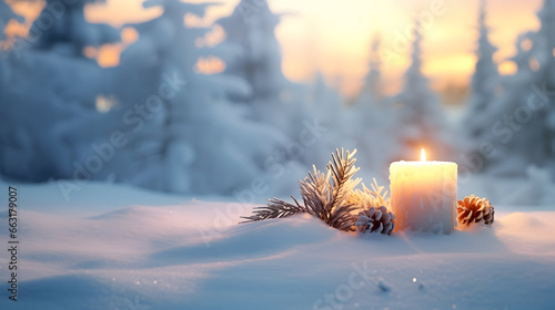 Yellow Christmas burning candle and cones with spruce branches still life on snow covered surface with snowfall and winter forest in sunset. © linda_vostrovska