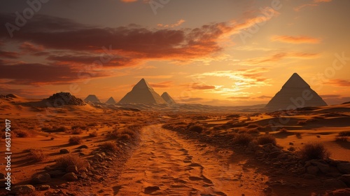Breathtaking Sunset Over the Egyptian Pyramids in a Desert Landscape