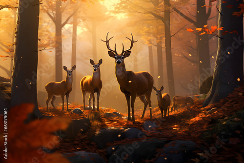 Deer and roe group in autumn forest with trees covered with orange leaves falling down. Sunset in the background.