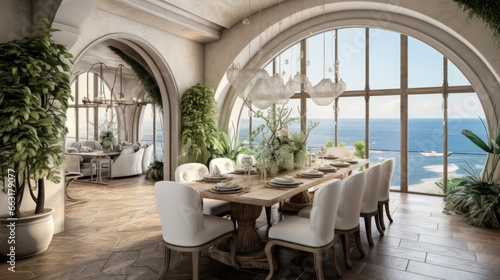 Photo of a stunning ocean view from a dining room with a large window © mattegg