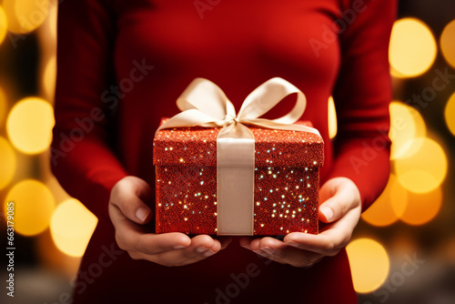 two hands holding a red gift box and lights in the background