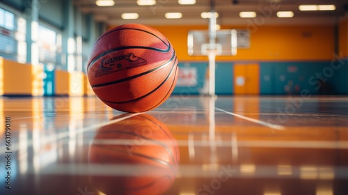 Ein neuer von der Sone beleuchteter Basketball liegt auf dem Boden einer modernen Sporthalle, im HIntergrund der Basketballkorb