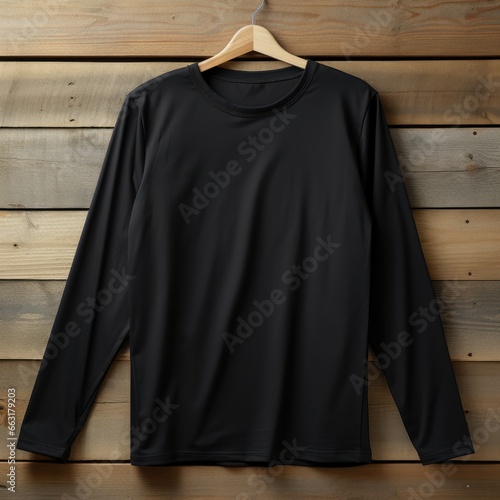 plain black t-shirt mockup with a hanger hanging on a wooden background, AI Generative